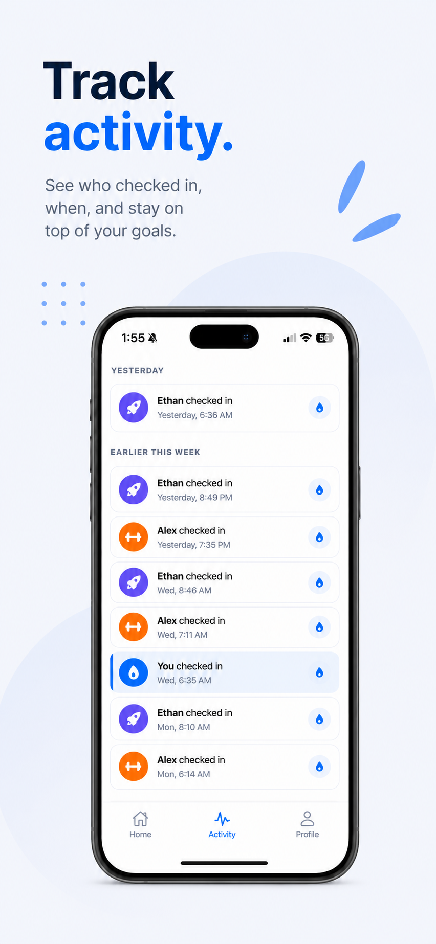 Activity — your gym streaks and weekly progress