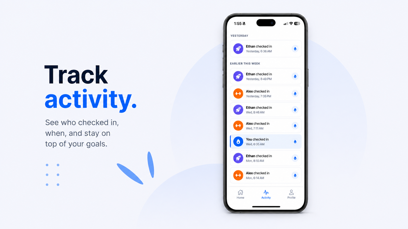 Activity — your gym streaks and weekly progress