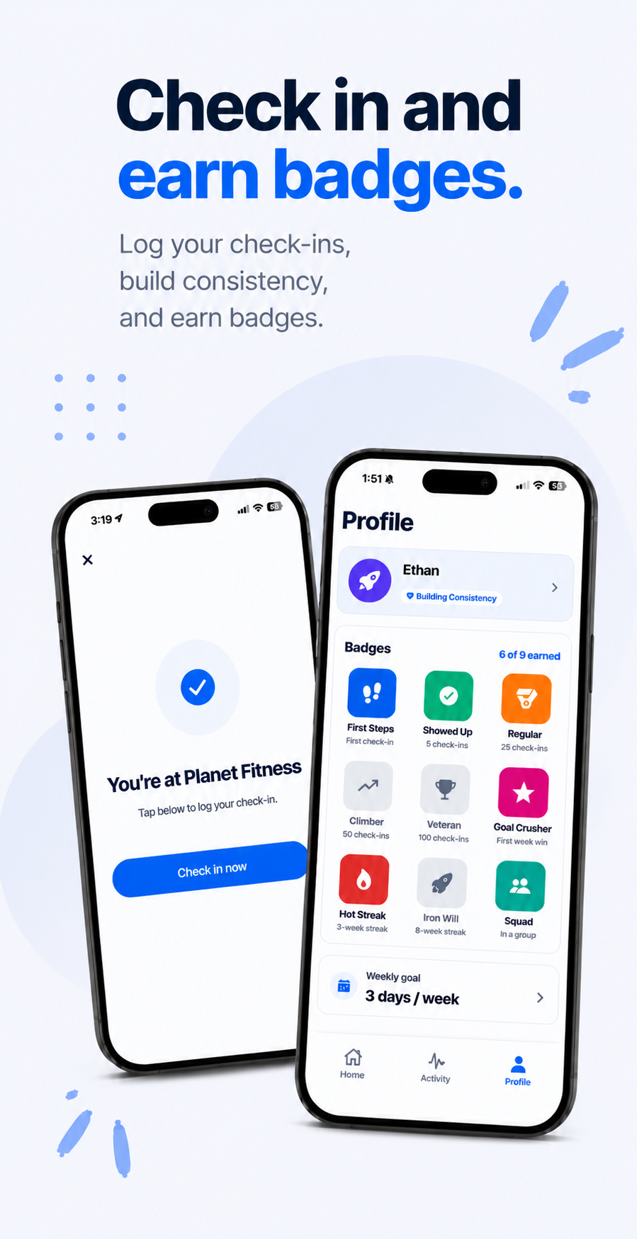 Check-in and badges — verify visits and earn milestones
