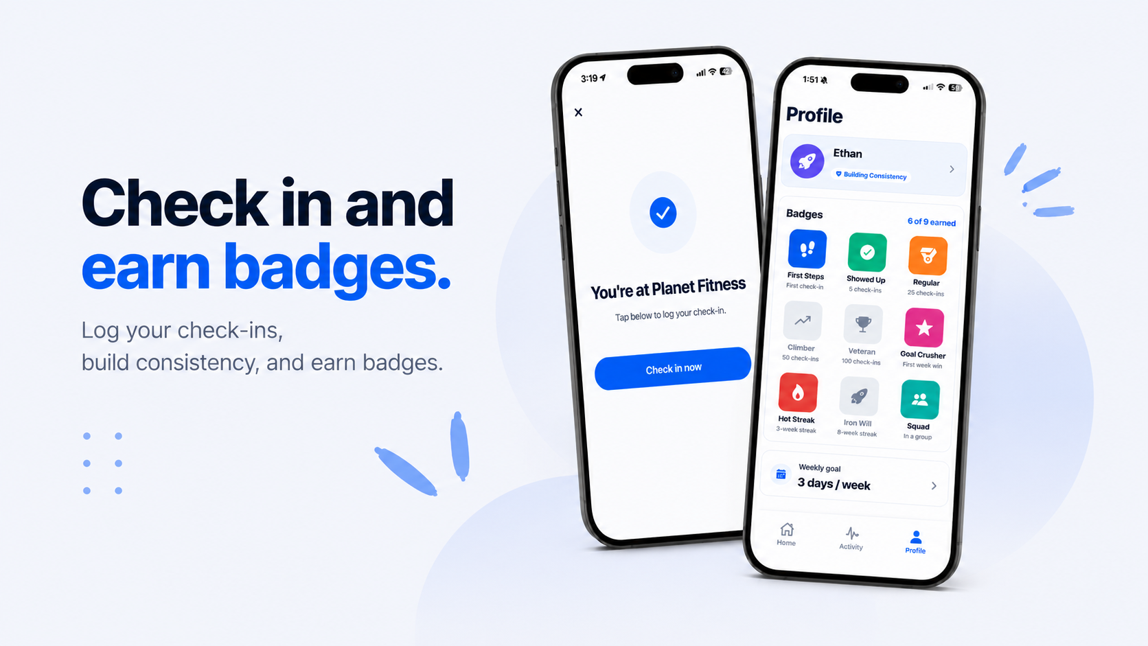 Check-in and badges — verify visits and earn milestones